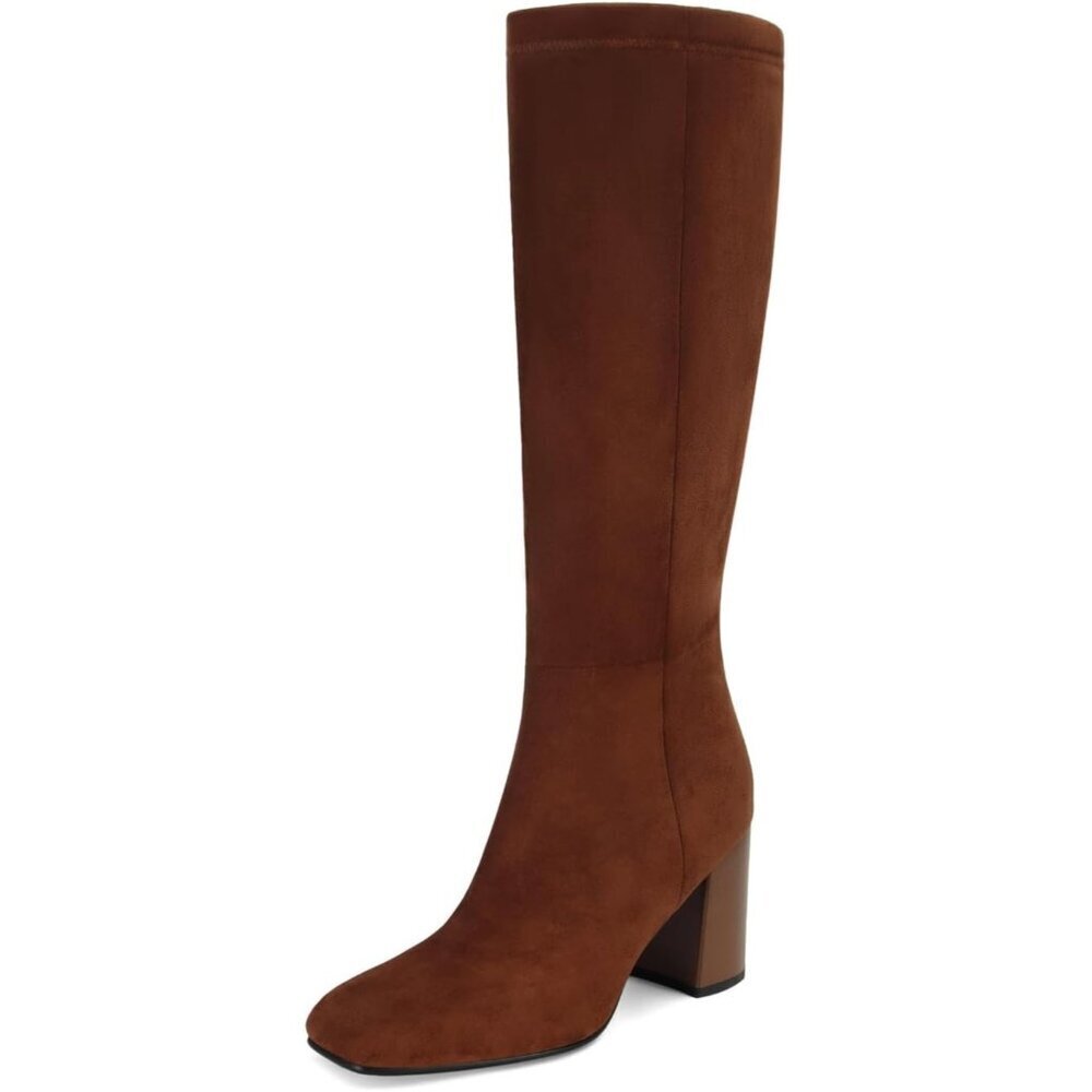 Women's Brown Suede Faux Leather Fashion Square Toe Chunky Heel Knee High Boots